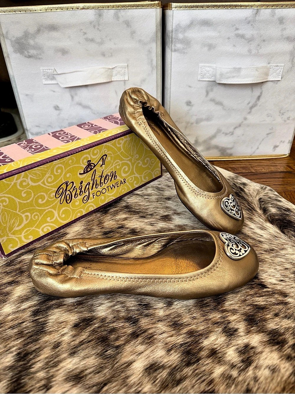 Brighton Gold Metallic Leather Ballet Flats with Heart Charm